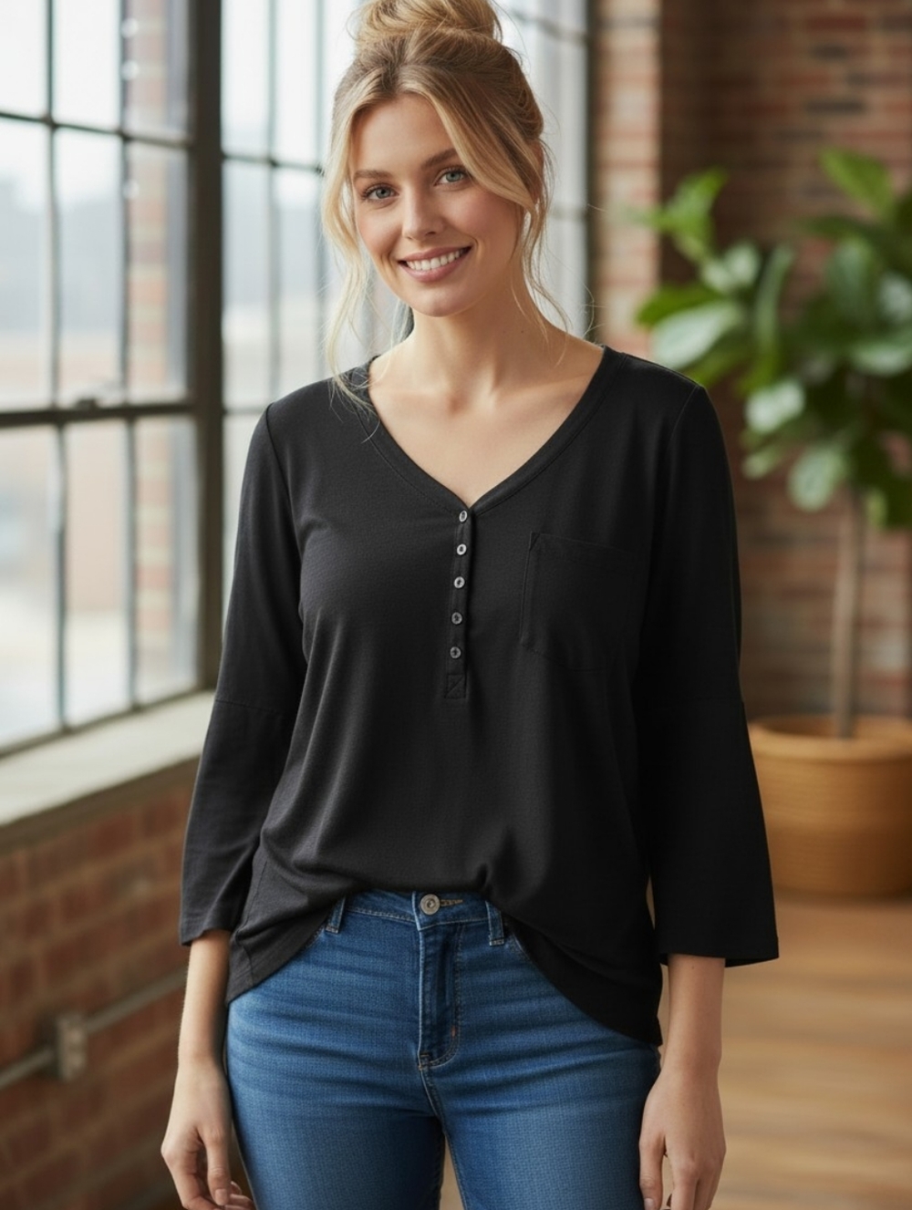 Roaman's  100% Cotton  Black Henley V neck Pocket Tee